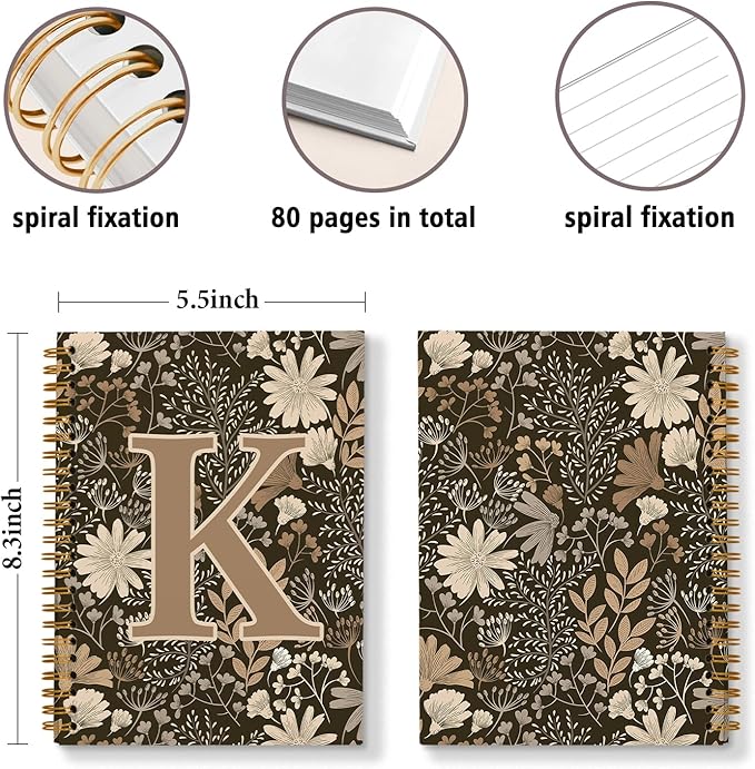 Initial K Personalized Journal Notebook, Boho Floral Journaling Notebooks for Women Girls, Costom Monogrammed Gifts for Women Mom Girls Friends, Letter Spiral Notebook, 5.5x8.3