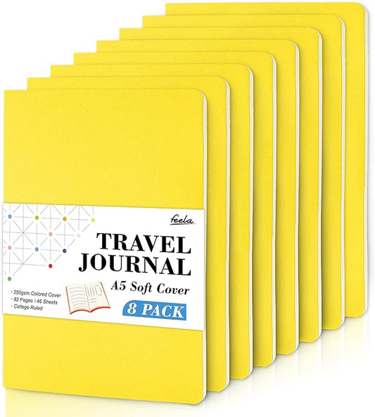 feela 8 Pack Soft Cover Journal Bulk, Notebooks College Ruled for Work, Lined Travel Journal for Women Men, Note Taking Notebook School Supplies Business Writing, 8.2” x 5.5”, A5, Lemon Yellow