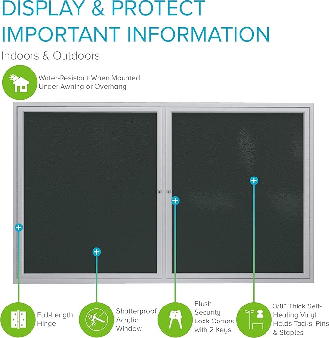 Ghent 36"x60" 2-Door Outdoor Enclosed Vinyl Bulletin Board, Shatter Resistant, with Lock, Satin Aluminum Frame - Ebony (PA23660VX-183), Made in the USA