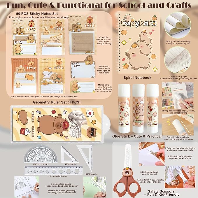 School Supplies Cute Stationery Set Back to School Capybara Pencil Case,Canvas Bag,6 Gel Pens,4 File Pockets,3 Glue Sticks,6 Mechanical Pencils, Perfect Easter Christmas Birthday Gifts for Children