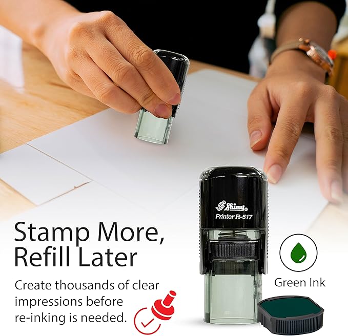 Shiny Pleasure Serving You Stamp, Round Self Inking Stamp for Office and Retail, Green Ink