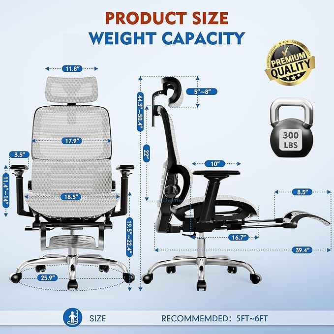 Ergonomic Office Chair, High Back Desk Chairs with Retractable Footrest, Breathable Mesh, Adjustable Headrest, 3D Armrests, Lumbar Support, Tilt Function, Comfy Swivel Computer Gaming Chair