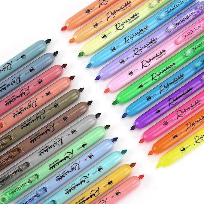 WRITECH Retractable Highlighters Assorted Colors: Chisel Tip Click Aesthetic Highlighter Marker Pens Pack Multi Colored Ink No Bleed Smear for Highlighting Journaling (24ct Mild+Vintage+Neon+Pastel)