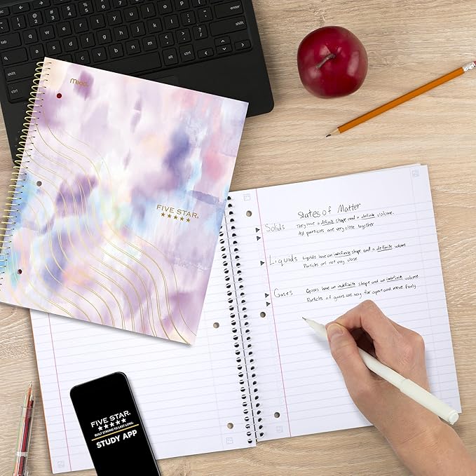 Five Star Spiral Notebook + Study App, 1 Subject, Wide Ruled, 8" x 10-1/2", 80 Sheets, Fights Ink Bleed, Water Resistant Cover, Pastel Tie Dye (930210F-ECM)