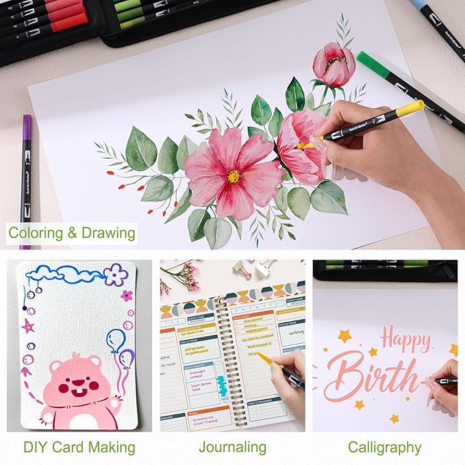 nauets 60 Colors Brush & Fine Dual Tip Watercolor Markers Set for Kids Adults Coloring Books No Bleeding Paint Pens For Drawing Note taking Planner Calligraphy Journaling Card Making Art Supplies