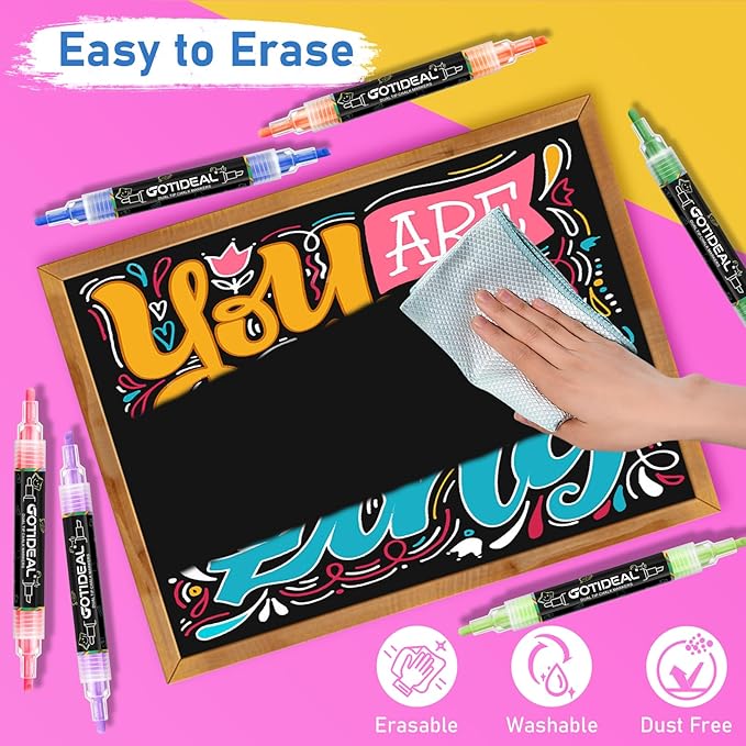 GOTIDEAL Chalk Markers Dual Tips,Erasable Liquid Chalk Marker for Blackboard,Washable Chalk Pens for Auto,Car,Glass,Mirror,Chalkboard,Window markers,24 Colors Chalk Board Markers with Metallic Colors