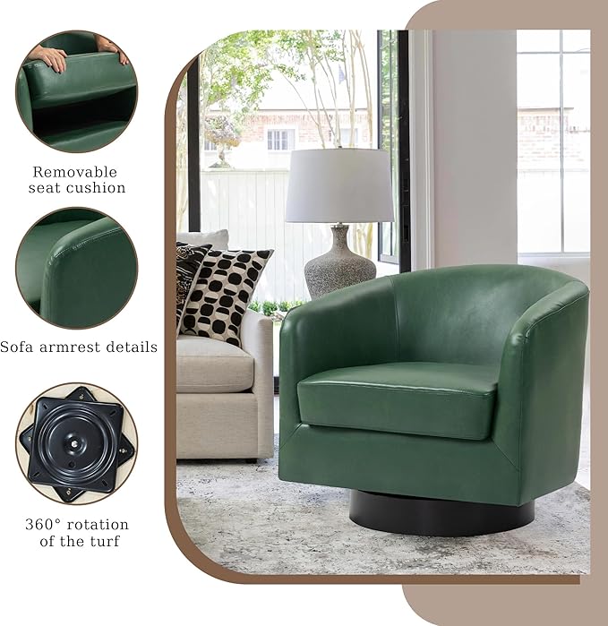 UIXE Faux Leather Swivel Accent Chair with Wood Base, Modern Upholstered Barrel Chairs for Living Room, Comfy Round Armchair Single Sofa Bedroom Reading Seat - 31" W, Green