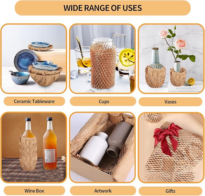 Honeycomb Packing Paper, HONSREO 15 Inches x 230 Feet Eco Friendly Recyclable Cushioning Material, Bubble Wrap for Moving Shipping Breakable Supplies with 20 Fragile Sticker Lables (Brown)