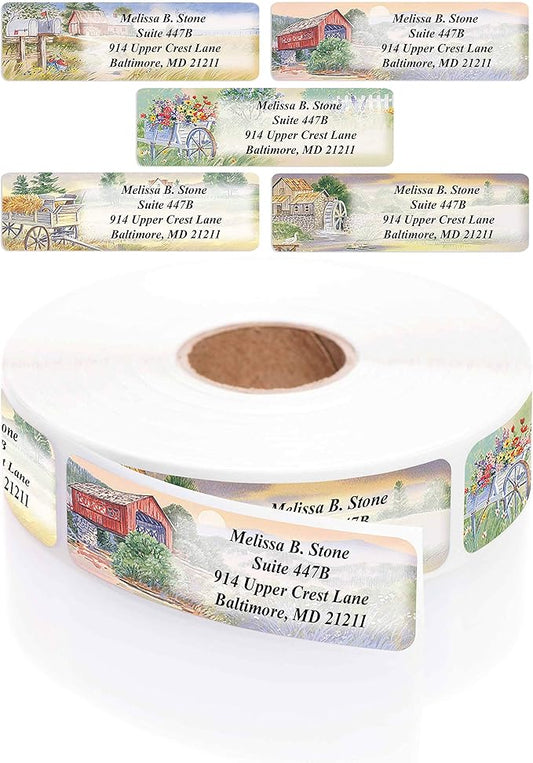 Rural America Assorted Country Scenes Personalized Return Address Labels with Dispenser - Roll of 250 Custom Labels