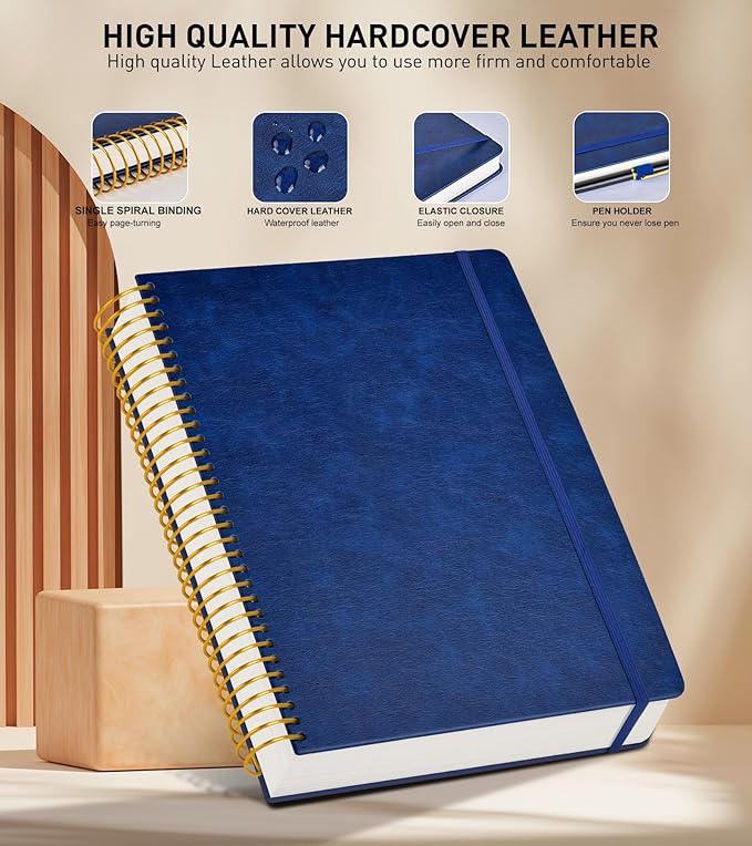 A4 Spiral Notebook Journal 8.5” x 11”, 256 Numbered Pages Hardcover Leather Journals for Women Men, Large Lined College Ruled Notebooks, 100GSM Thick Paper, Spiral Bound Journal for Work School, Navy