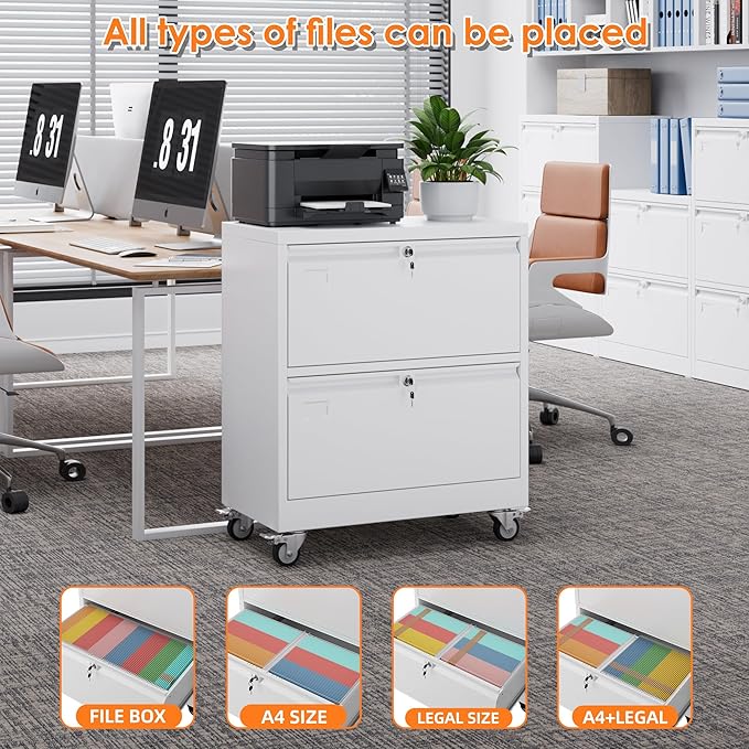 Aobabo Metal 2 Drawer Lateral File Mobile Cabinet with 2 Lock, File Cabinet with Wheels and Adjustable File Bars for Office,Home, for Letter/Legal Size,White, Assembly Required