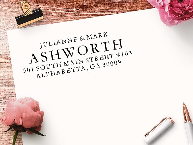 Self Inking Return Address Stamp - Custom 4 Line Personalized Address Stamp for Envelopes, Wedding Invitations, Business, Mailing Labels, Black Ink (All Serif)