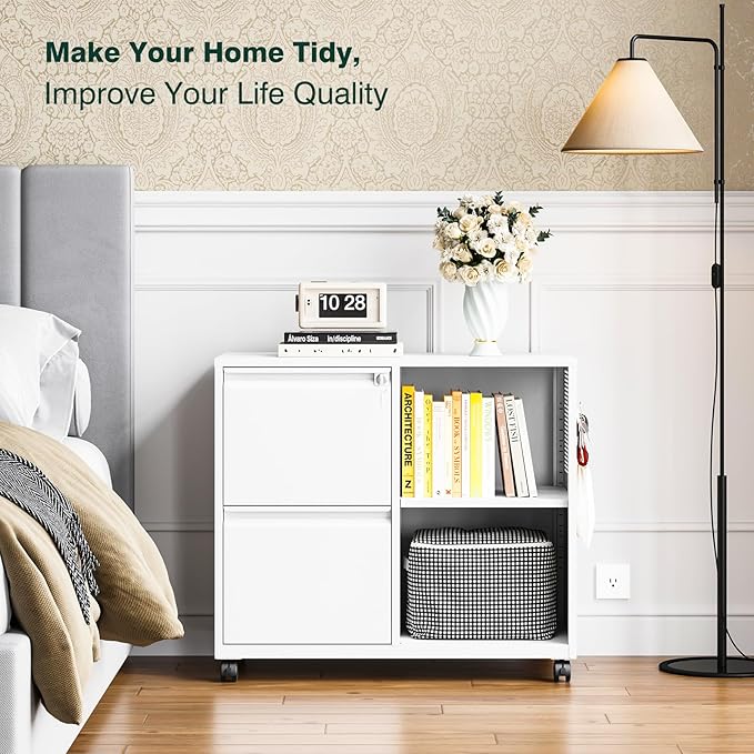 Metal File Cabinet,Lockable Lateral Filing Cabinet for Letter/A4 Size Files,Rolling Printer Stand with Adjustable Shelf & Lockable Wheelss for Home Office(White)