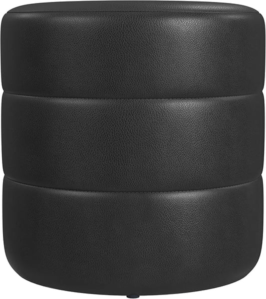 HomePop Upholstered Faux Leather Round Ottoman Home Décor|Foot Rest Ottoman- Black Faux Leather