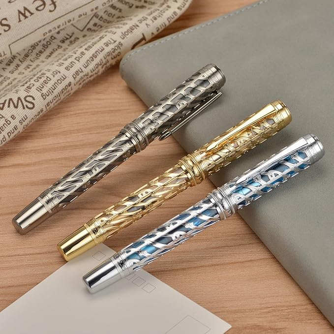 Hongdian A6 Piston Fountain Pen Fine Soft Nib, Jet Black Hollow Skeleton & Resin Pen with Metal Case Set