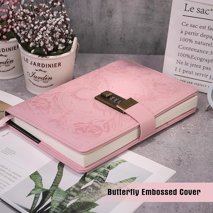 TIEFOSSI Diary with Lock for Women Girls, Lined Locked Journal, Butterfly Journal Notebook with Pen and Bookmark, A5 Refillable Locking Journals for Writing, 224 Numbered Pages