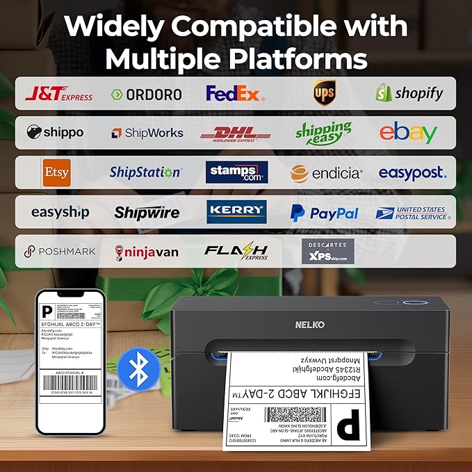 Nelko Bluetooth Thermal Shipping Label Printer, Wireless 4x6 Shipping Label Printer for Shipping Packages, Support Android, iPhone and Windows, Widely Used for Amazon, Ebay, Shopify, Etsy, USPS
