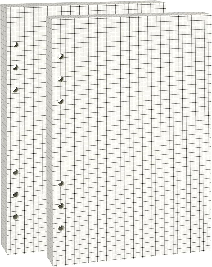 A5 Grid-Ruled Refill Paper, 100gsm Thick Beige No-Bleed Sheets (2 Packs, 80 Sheets Each), Pre-Punched – Fits A5 6-Ring Binders for Office, School & Teachers