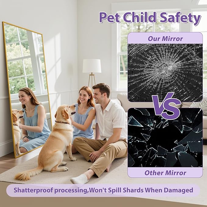 Full Length Mirror, 76"x34" Oversized Floor Mirror Freestanding, Full Body Mirror Floor Standing Mirrors with Stand, Hanging Mounted Mirrors for Bedroom Living Room, Gold, Rect Style