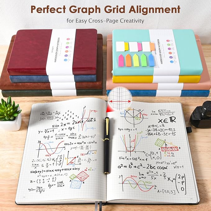 Graph Paper Notebook, 312 Numbered Pages Large A4 Hardcover Leather Journal, 100gsm No Bleed Grid Paper Notebook with Index Pages, Squared Grid Notebook for Graphing Notes Math, 8.5'' × 11'', Brown
