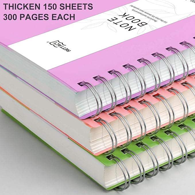 RETTACY Spiral College Ruled Notebook, 300 Pages, A4 Large Size (8.2" x 11.2"), for School, Work, Writing, Journaling, 100 GSM Thick Paper, Flexible Plastic Cover (Lilac)