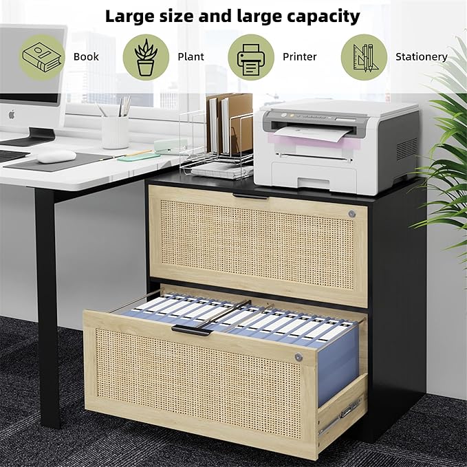 HOPUBUY 2 Drawer File Cabinet with Lock, Printer Stand Lateral Filing Cabinets for Home Office and School, Wood Rattan File Cabinet for Hanging Files/Letter/Legal/A4/F4 Size, Black