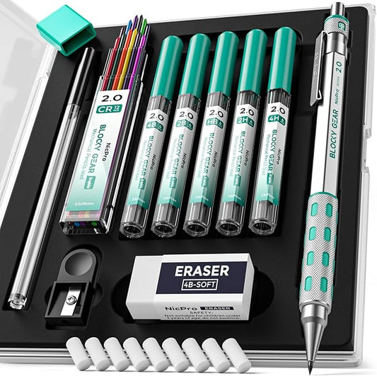 Nicpro Blocky Gear 2mm Metal Mechanical Pencils Set with Case, Drafting Pencil with 6 Tubes 2mm Lead Refill (HB 2B 2H 4B 4H & Colors) Sharpeners, Erasers for Artist Art Writing Drafting Drawing