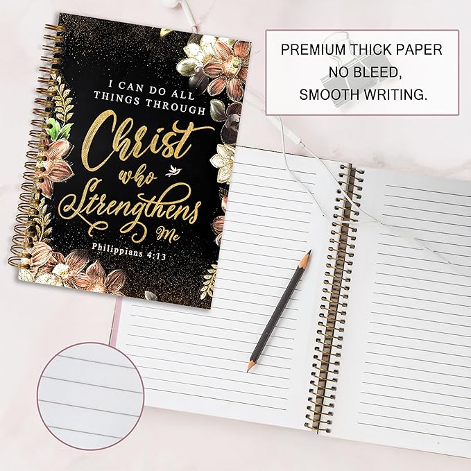 Bible Notebook, A5 Spiral Christian Journal with Floral Notebook, Bible Verse-I Can Do All Things Through Christ Who Strengthens Me, Inspirational Notebooks for Women, Gift for Birthday Christmas