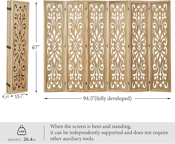 5.6Ft Room Divider Folding Wood Classical Carved Partition Screen for Home Office Garden - 6 Panels (Natural)