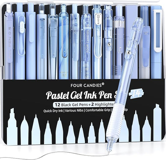 Four Candies 14Pack Pastel Gel Ink Pen Set,Cute Retractable 0.5mm Fine Point Pen,Note Taking Aesthetic Pens,12 Pack Black Ink Pens with 2Pack Highlighter, Smooth Writing Pens for School, Office (Blue)