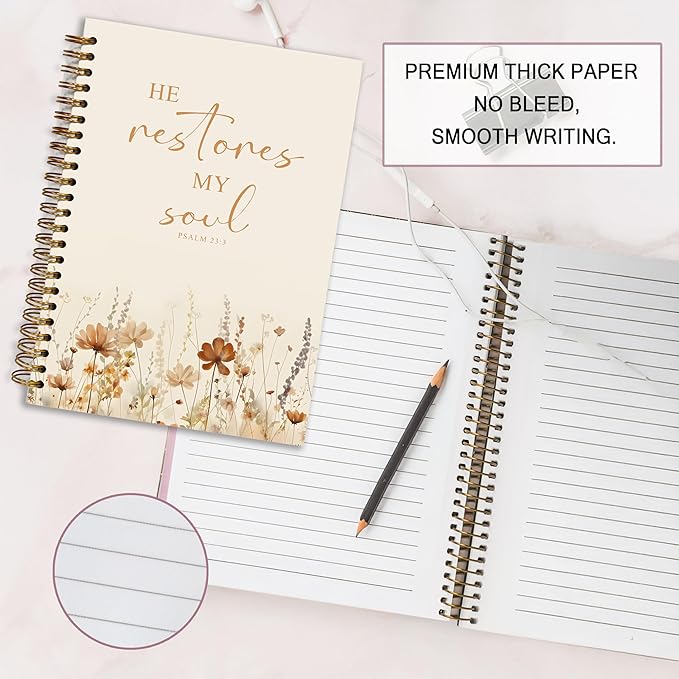 Bible Notebook, A5 Spiral Christian Journal, Bible Verse-He Restores My Soul, Inspirational Notebooks for Women, Bible Study, Gift for Birthday Christmas, Office Supplies (Light coffee color)