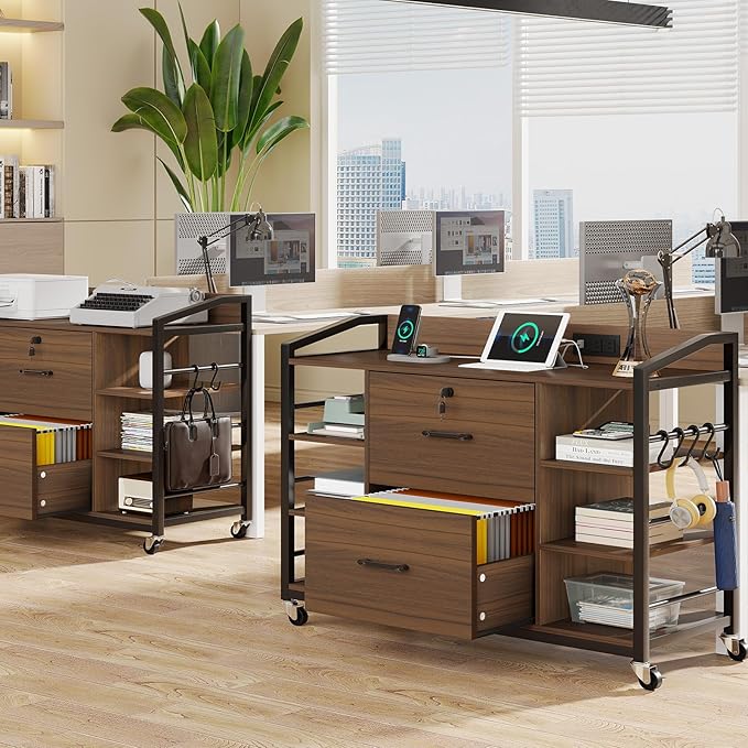 SEDETA 44" File Cabinet, Filing Cabinet fits Legal/Letter Size, 2 Drawer File Cabinets for Home Office with Lock, Power Strip, 6 Storage Shelves, Walnut Brown