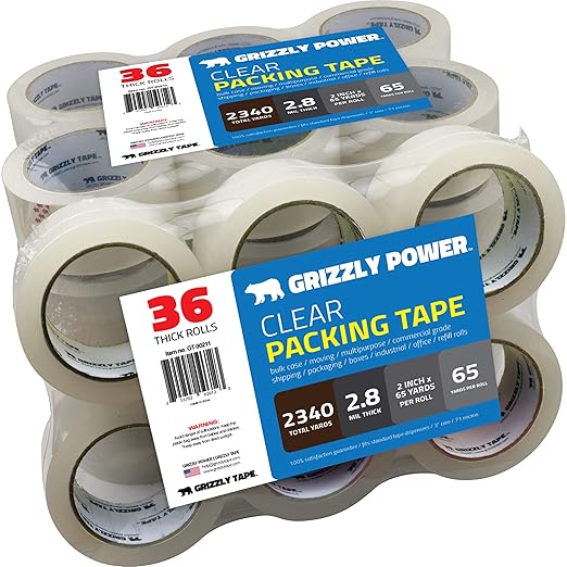 Grizzly Power Clear Packing Tape Refill Rolls for Shipping, Moving, Packaging - True 2 Inch x 65 Yards, 3 Inch Core, 2.8mil Thick, 36 Rolls Bulk Case