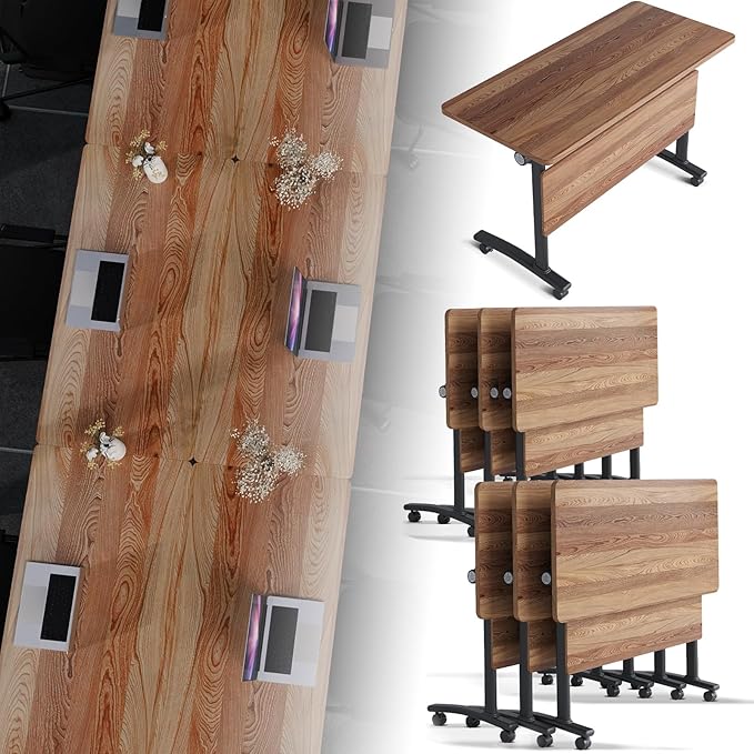 Folding Conference Room Table, Modern Conference Tables with Silent Wheels, Large Rectangular Mobile Training Tables for Office Classroom, Foldable Modular Boardroom Seminar Table (6pack L63in)