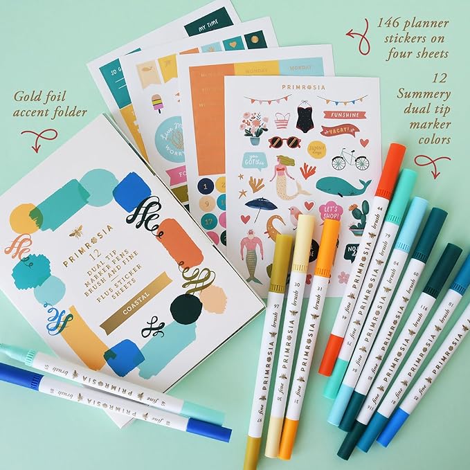Primrosia 12 Dual Tip Watercolor Marker Pens - Fine Tip & Brush Tips, Professional Quality, 4 x Sticker Sheets, Blendable, Non-Toxic, Perfect for Calligraphy, Drawing & Coloring. (Coastal)