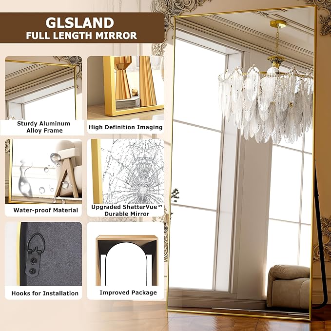 GLSLAND-38 x 77" Rectangular Full Length Mirror - Large Floor Mirrors Aluminum Alloy Frame Full Body Dressing Mirror for Bedroom, Living Room,Gold