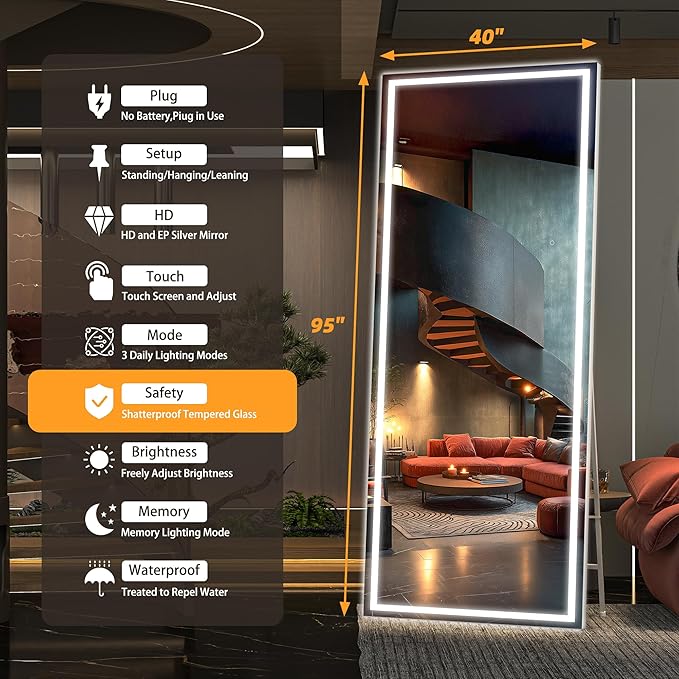 Hasipu Full Length Mirror with Lights, 95" x 40" LED Lighted Floor Standing Mirror, Full Body Dressing Hanging Mounted Mirrors, Dimmable, Tempered Glass, Safe to Use, Square White