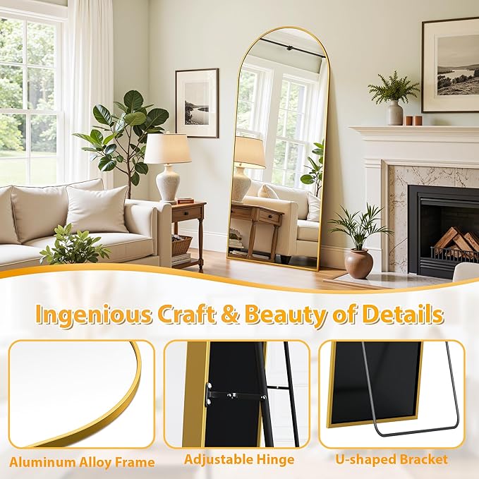 Full Length Mirror, 59"x18" Oversized Floor Mirror Freestanding, Full Body Mirror Floor Standing Mirrors with Stand, Hanging Mounted Mirrors for Bedroom Living Room, Gold, Arched Style