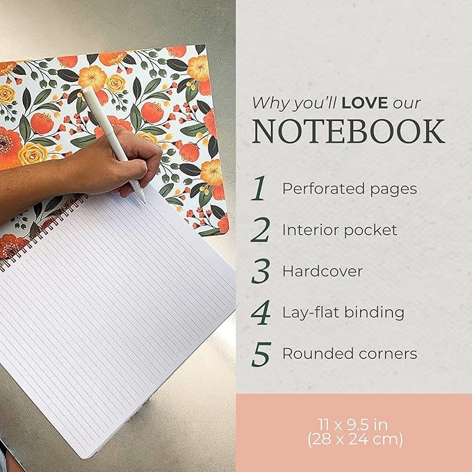 Steel Mill & Co Cute Large Spiral Notebook College Ruled, 11" x 9.5" with Durable Hardcover and 160 Lined Pages, Orange Floral