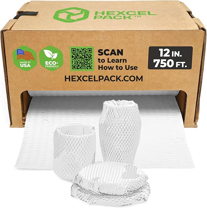 HexcelWrap Mini - Honeycomb Packing Paper, Eco-Friendly, Sustainable Paper Bubble Wrap for Shipping & Moving, Cushioned Packing Material in Dispenser - White, Pallet of 40, 12" x 750'