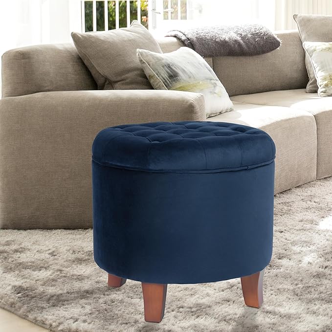 HomePop by Kinfine Fabric Upholstered Round Storage Ottoman - Velvet Button Tufted Ottoman with Removable Lid, Navy Blue