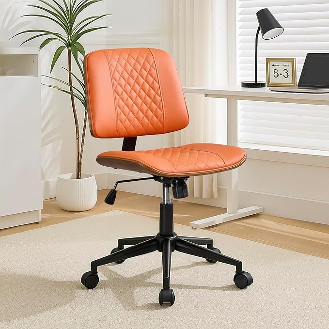 Armless Orange Home Office Chair – Mid-Back PU Leather, Adjustable Height Desk Chair with Swivel Wheels, Walnut Frame for Small Space Study or Bedroom