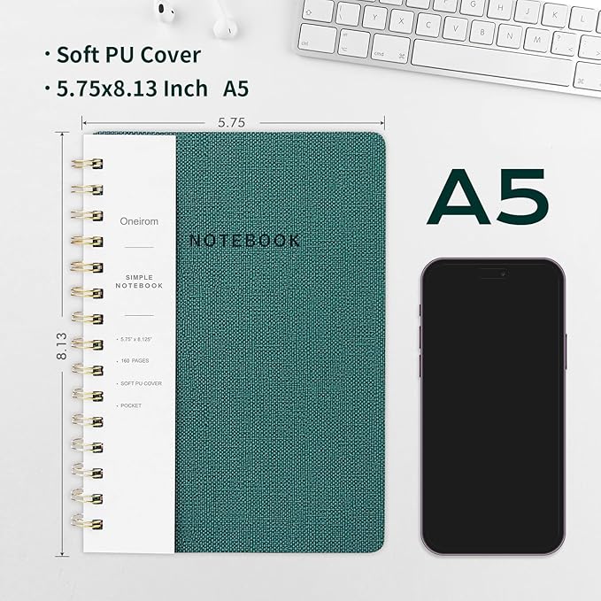 Spiral Notebook-5.75" x 8.125" College Ruled Journal with Inner Pockets and 160 Pages,PU Leather Cover Business Journal, Twin-Wire Binding Notebook Perfect for Office & Home School Supplies