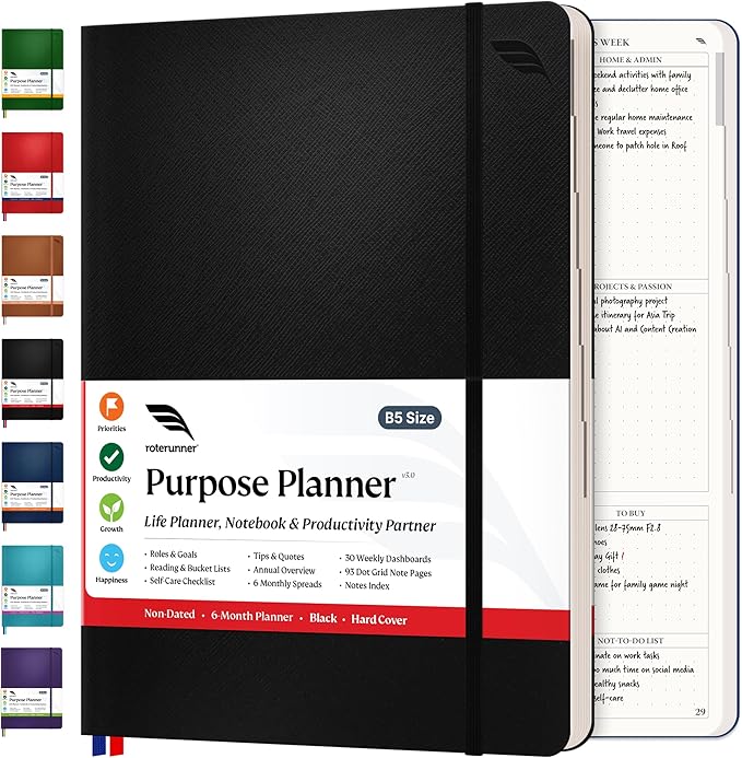 Purpose Planner Notebook B5 7.5”x9.8” Undated 2025 Daily Weekly and Monthly Productivity Goal Setting Tool for Work Home ADHD for Adults Self Care Journal