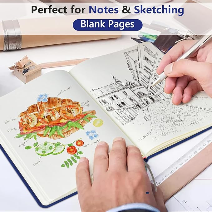PERCUN Blank Journal Ntebook for Men & Women, 160 Pages Blank Journals for Writing, Drawing,Sketch Book,5.9" x 8.5" Leather Sketchbook, Unlined Notebook for Work, School, Art - Navy