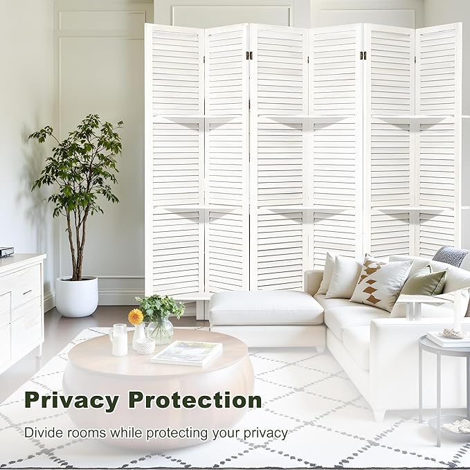 NicBex 6 Panel Room Divider 5.6FT Louvered Design Room Dividers with Display Storage Shelves Folding Privacy Screens Portable Freestanding Partition Wall Dividers for Home Bedroom Office, White