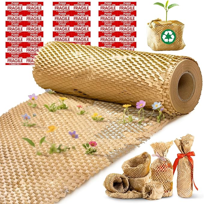 Honeycomb Packing Paper, 12"x300' Brown | Perforated Honeycomb Packing Paper Recyclable Moving Supplies for Shipping & Moving | Plastic-Free Alternative to Bubble Cushion Wrap with 36 Fragile Stickers