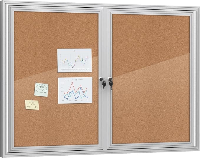 48"x34" Enclosed Bulletin Board, Outdoor Lockable Weather-Resistant Aluminum Cork Noticeboard for School & Office, Silver Frame w/Cork