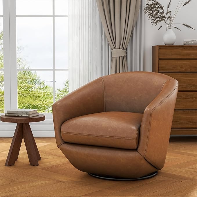 UIXE Faux Leather Swivel Accent Chairs Set of 2, Barrel Chair Upholstered Club Armchair for Living Room, Comfy Single Sofa Bedroom Side Reading Seat - Brown