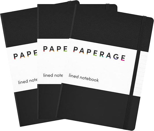 PAPERAGE Lined Journal Notebook, 3 Pack, (Black), 160 Pages, Medium 5.6 in x 8 in - 100 GSM Thick Paper – Hardcover Journaling Notebook for Work, School & Note Taking